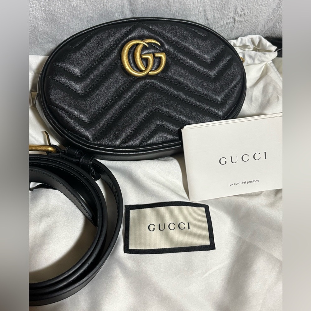 Gucci Black Quilted Belt Bag with Gold Logo
